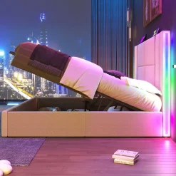 Redom Lit 180x200 cm coffre de rangement et sommier relevable, tapissé lin beige, ports USB/Type-C, éclairage LED