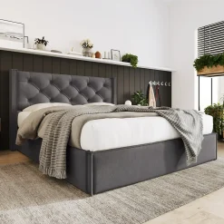 Redom Lit 160x200 cm coffre de rangement avec sommier relevable et tête de lit capitonnée en tissu coton gris Outlet