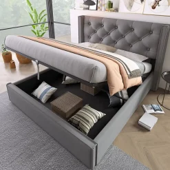 Redom Lit 160x200 cm coffre de rangement avec sommier relevable et tête de lit capitonnée en tissu coton gris Outlet