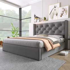 Redom Lit 160x200 cm coffre de rangement avec sommier relevable et tête de lit capitonnée en tissu coton gris Outlet