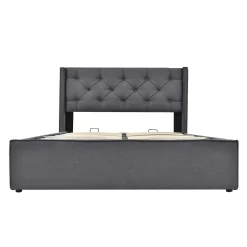 Redom Lit 160x200 cm coffre de rangement avec sommier relevable et tête de lit capitonnée en tissu coton gris Outlet