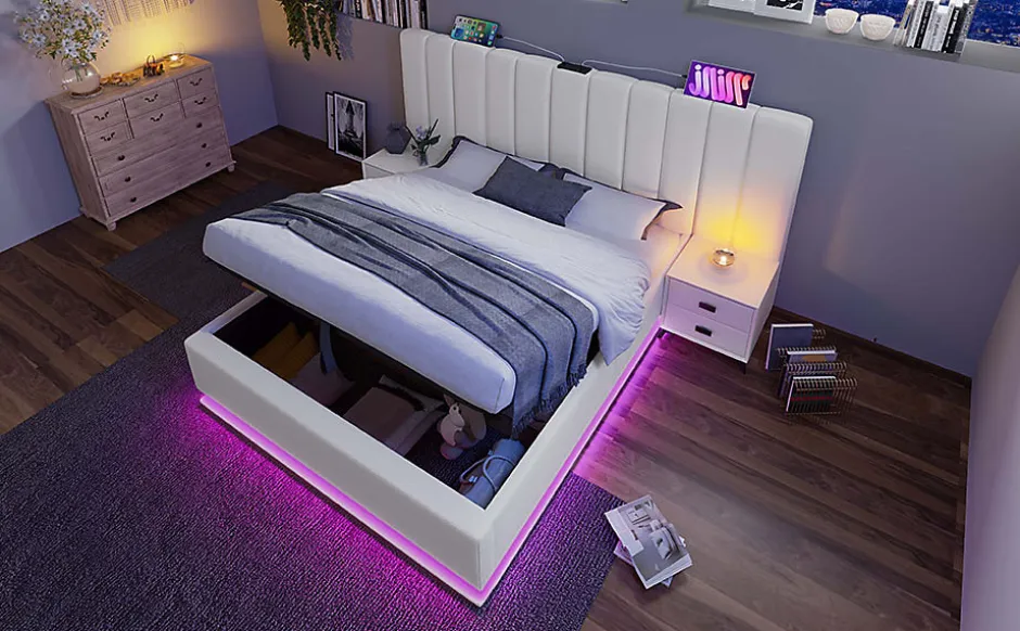 Redom Lit 180x200 cm coffre de rangement hydraulique LED 360 pilotable revêtement PU blanc ports USB Type C