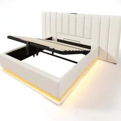 Redom Lit 180x200 cm coffre de rangement hydraulique LED 360 pilotable revêtement PU blanc ports USB Type C