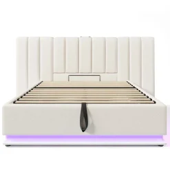 Redom Lit 180x200 cm coffre de rangement hydraulique LED 360 pilotable revêtement PU blanc ports USB Type C