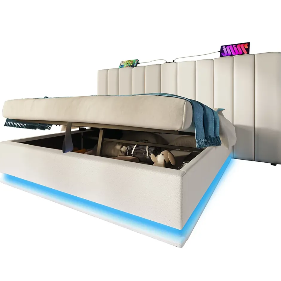 Redom Lit 180x200 cm coffre de rangement hydraulique LED 360 pilotable revêtement PU blanc ports USB Type C