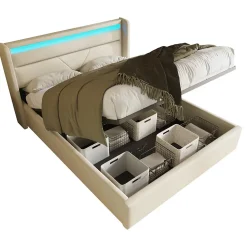 Redom Lit 160x200 cm coffre de rangement avec sommier relevable, tête de lit LED tapissée PU blanc, style contemporain