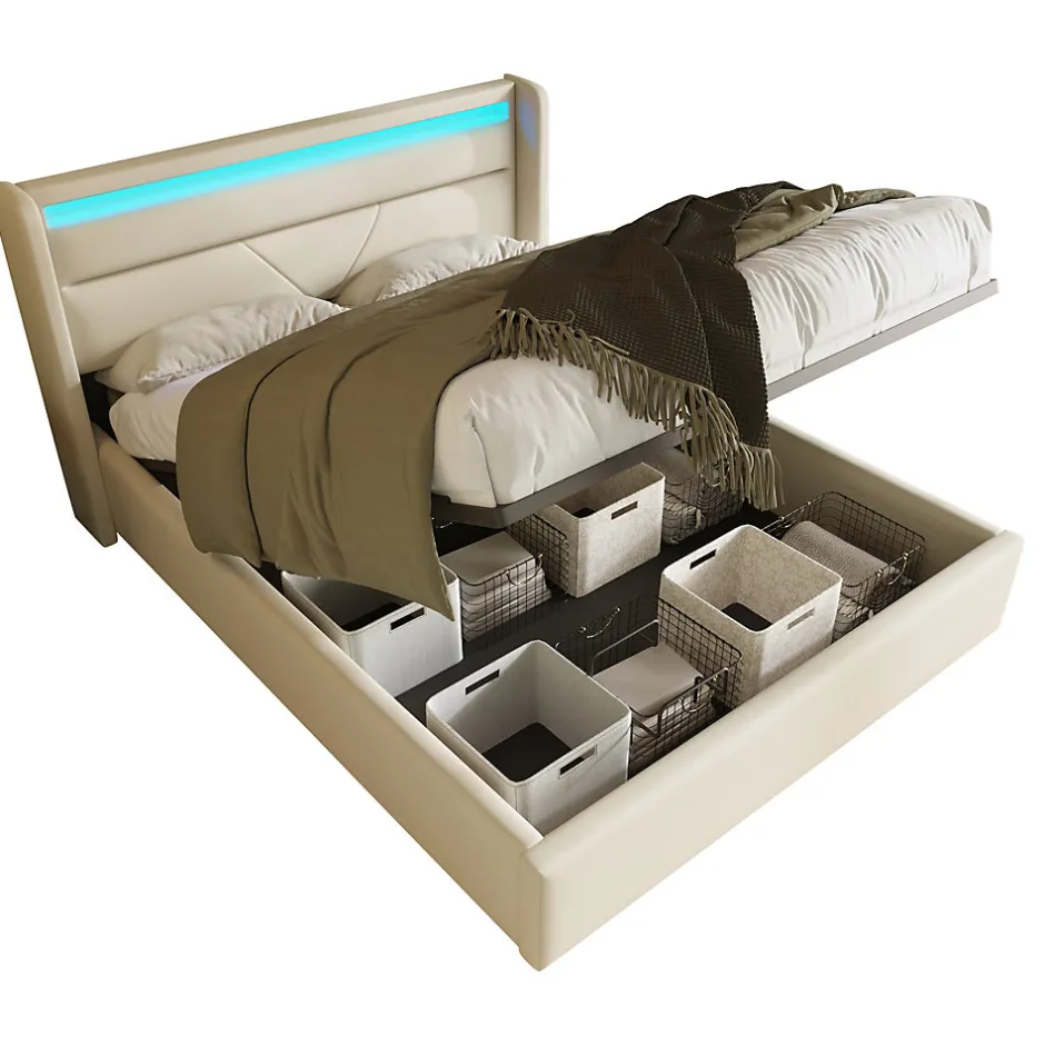 Redom Lit 160x200 cm coffre de rangement avec sommier relevable, tête de lit LED tapissée PU blanc, style contemporain