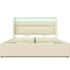 Redom Lit 160x200 cm coffre de rangement avec sommier relevable, tête de lit LED tapissée PU blanc, style contemporain