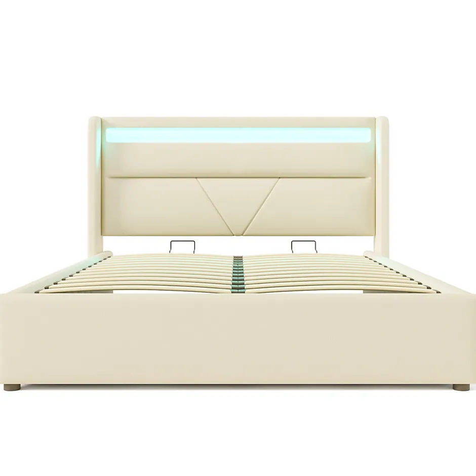 Redom Lit 160x200 cm coffre de rangement avec sommier relevable, tête de lit LED tapissée PU blanc, style contemporain