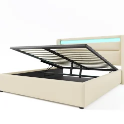 Redom Lit 160x200 cm coffre de rangement avec sommier relevable, tête de lit LED tapissée PU blanc, style contemporain
