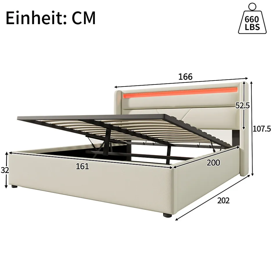 Redom Lit 160x200 cm coffre de rangement avec sommier relevable, tête de lit LED tapissée PU blanc, style contemporain