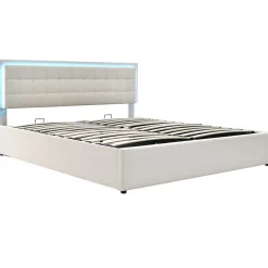 Redom Lit 140x200 cm coffre de rangement avec sommier relevable, tête de lit capitonnée en PU et éclairage LED Hot