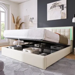 Redom Lit 140x200 cm coffre de rangement avec sommier relevable, tête de lit capitonnée en PU et éclairage LED Hot