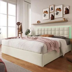Redom Lit 140x200 cm coffre de rangement avec sommier relevable, tête de lit capitonnée en PU et éclairage LED Hot