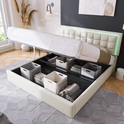 Redom Lit 140x200 cm coffre de rangement avec sommier relevable, tête de lit capitonnée en PU et éclairage LED Hot