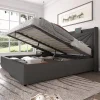 Redom Lit 160x200 cm coffre de rangement avec ports USB et Type C, tete geometrique tapissee lin coton, cadre metal Hot
