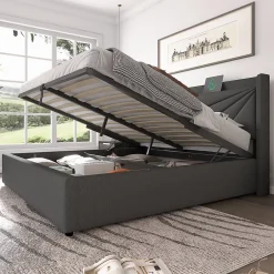 Redom Lit 160x200 cm coffre de rangement avec ports USB et Type C, tete geometrique tapissee lin coton, cadre metal Hot