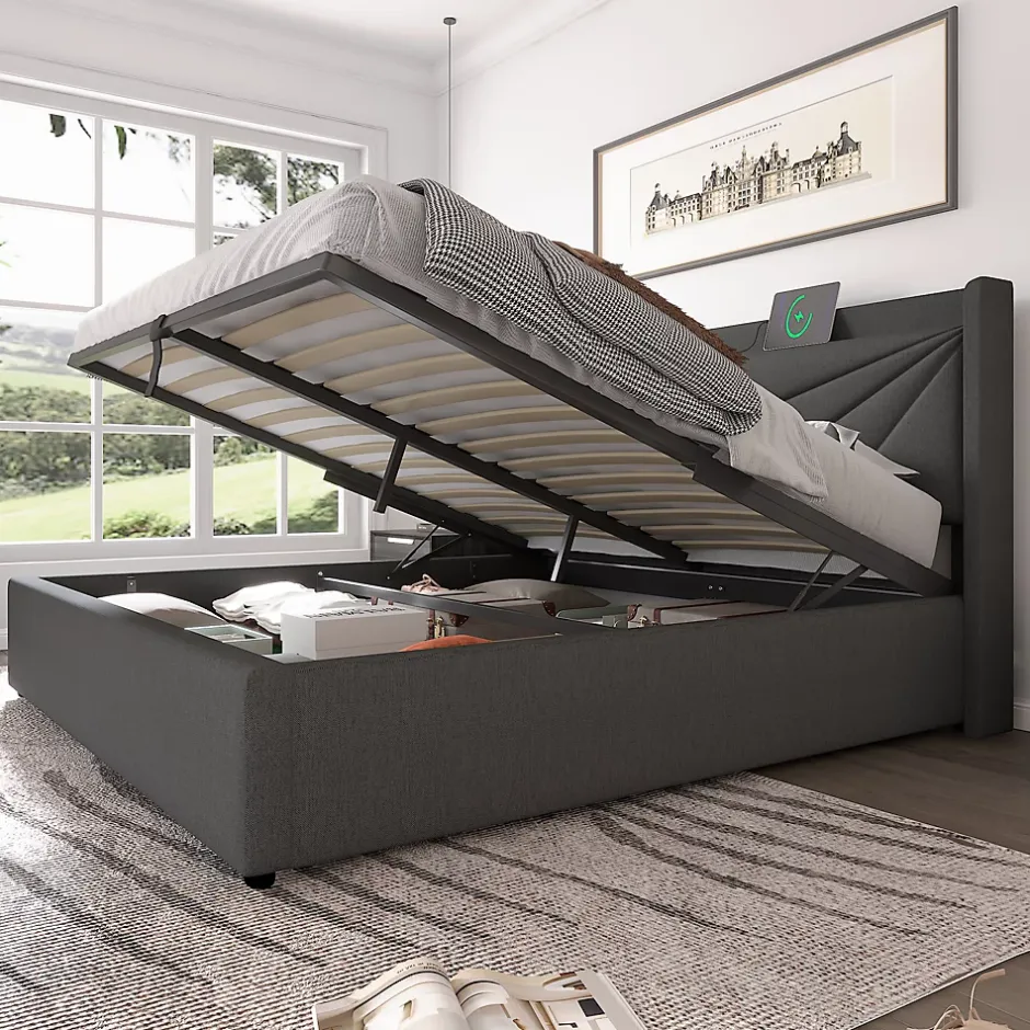 Redom Lit 160x200 cm coffre de rangement avec ports USB et Type C, tete geometrique tapissee lin coton, cadre metal Hot