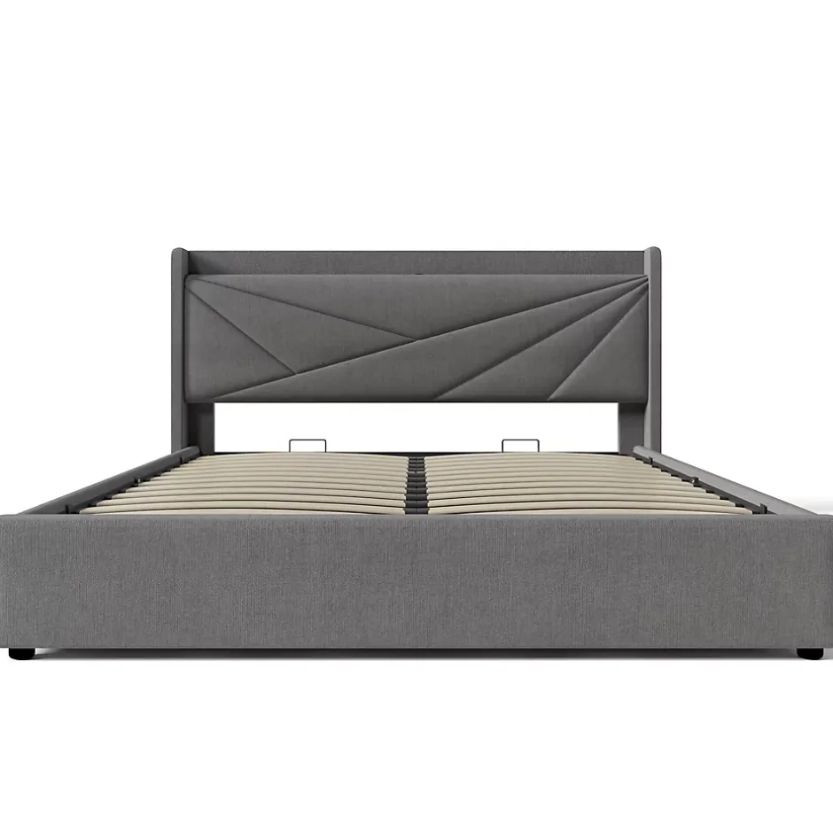 Redom Lit 160x200 cm coffre de rangement avec ports USB et Type C, tete geometrique tapissee lin coton, cadre metal Hot