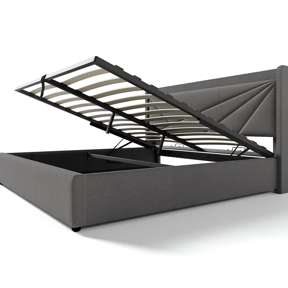 Redom Lit 160x200 cm coffre de rangement avec ports USB et Type C, tete geometrique tapissee lin coton, cadre metal Hot