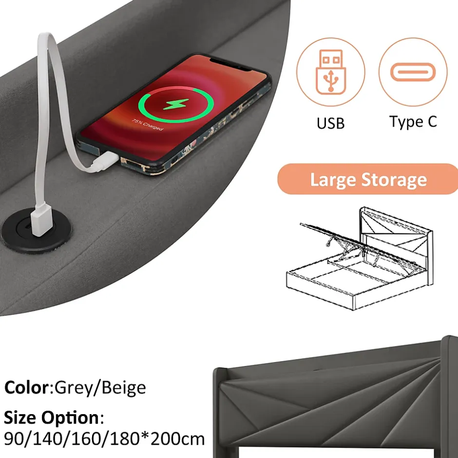 Redom Lit 160x200 cm coffre de rangement avec ports USB et Type C, tete geometrique tapissee lin coton, cadre metal Hot