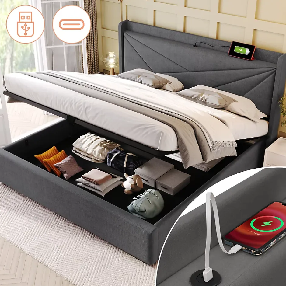Redom Lit 160x200 cm coffre de rangement avec ports USB et Type C, tete geometrique tapissee lin coton, cadre metal Hot