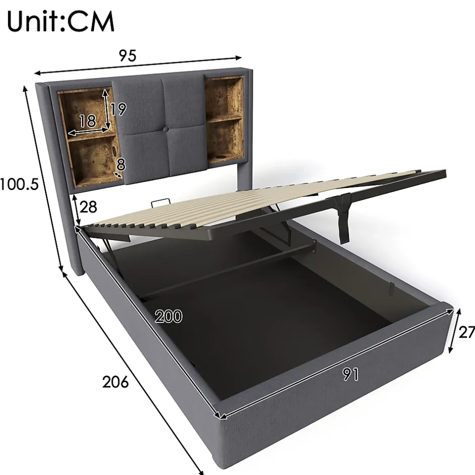 Redom Lit 90x200 cm coffre relevable, tête de lit tapissée coton gris avec charge sans fil et ports USB New