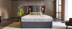 Redom Lit 90x200 cm coffre relevable, tête de lit tapissée coton gris avec charge sans fil et ports USB New