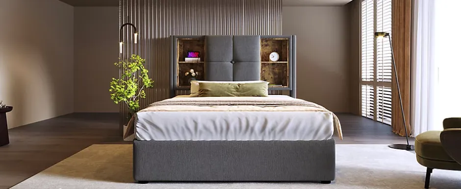 Redom Lit 90x200 cm coffre relevable, tête de lit tapissée coton gris avec charge sans fil et ports USB New