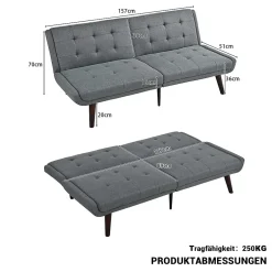 Redom Lit 146x89 cm convertible 3-en-1 en tissu lin gris, dossier 5 positions, cadre bois et renfort métal New