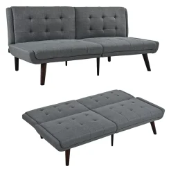Redom Lit 146x89 cm convertible 3-en-1 en tissu lin gris, dossier 5 positions, cadre bois et renfort métal New