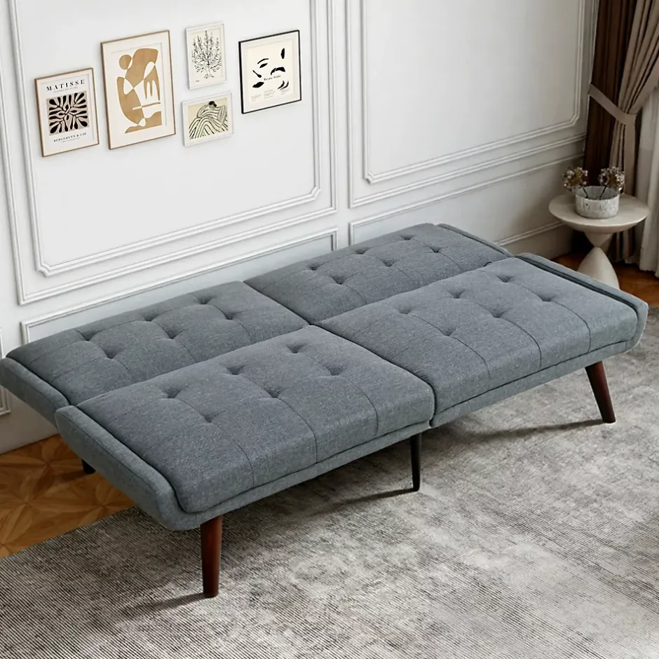 Redom Lit 146x89 cm convertible 3-en-1 en tissu lin gris, dossier 5 positions, cadre bois et renfort métal New