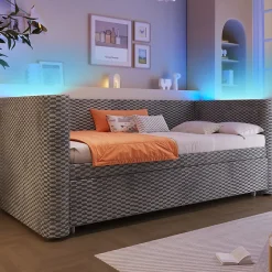 Redom Lit 90x200 cm convertible en 180x200 cm, tapissé velours gris avec LED multicolore et structure MDF Discount