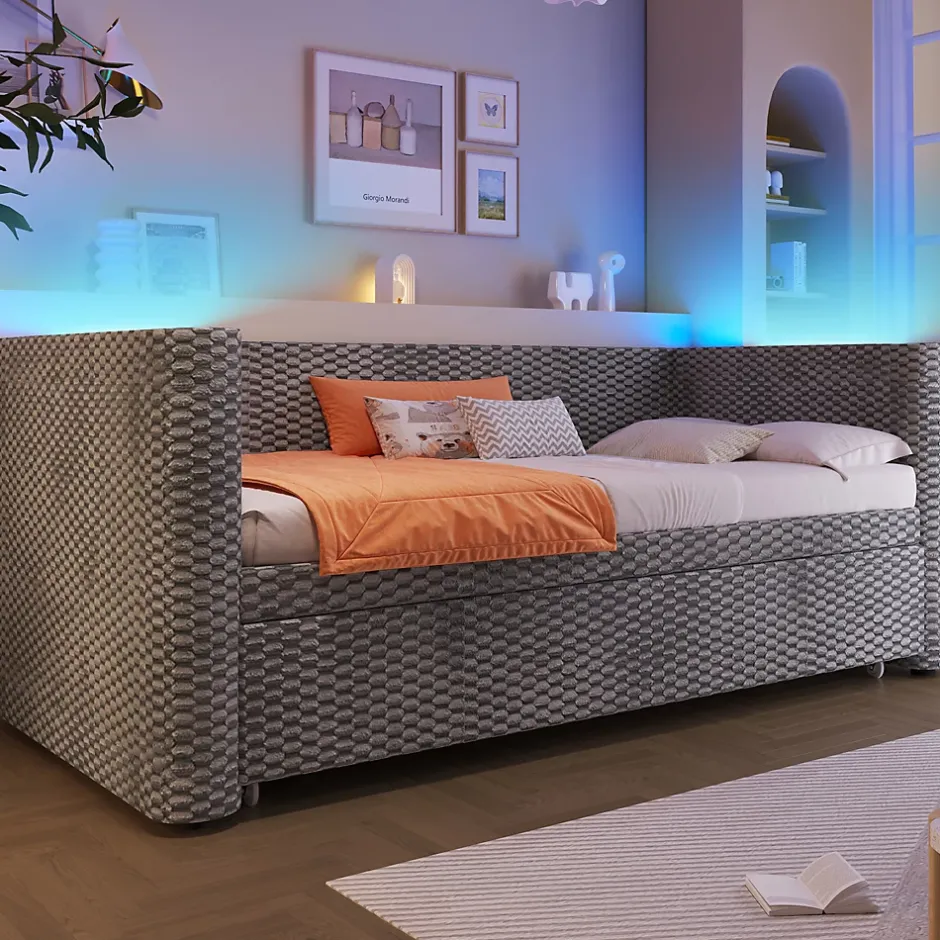 Redom Lit 90x200 cm convertible en 180x200 cm, tapissé velours gris avec LED multicolore et structure MDF Discount