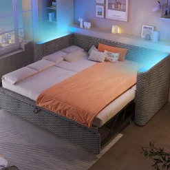 Redom Lit 90x200 cm convertible en 180x200 cm, tapissé velours gris avec LED multicolore et structure MDF Discount