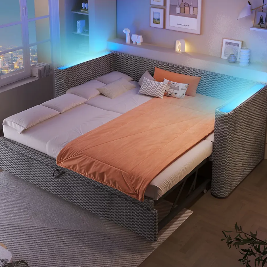 Redom Lit 90x200 cm convertible en 180x200 cm, tapissé velours gris avec LED multicolore et structure MDF Discount