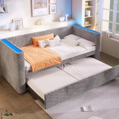 Redom Lit 90x200 cm convertible en 180x200 cm, tapissé velours gris avec LED multicolore et structure MDF Discount