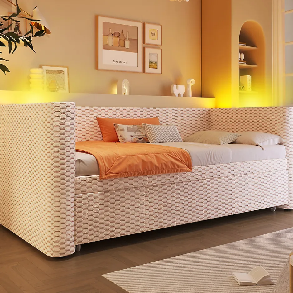 Redom Lit 90x200 cm convertible en 180x200 cm avec revêtement velours beige et bande LED contrôlée par application