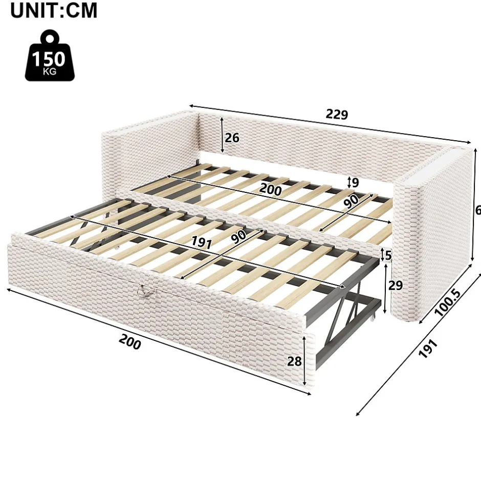 Redom Lit 90x200 cm convertible en 180x200 cm avec revêtement velours beige et bande LED contrôlée par application