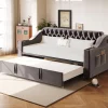Redom Lit 90x190 cm convertible en 180x190 cm avec rangements intégrés, accoudoirs coffre et revêtement velours gris Discount