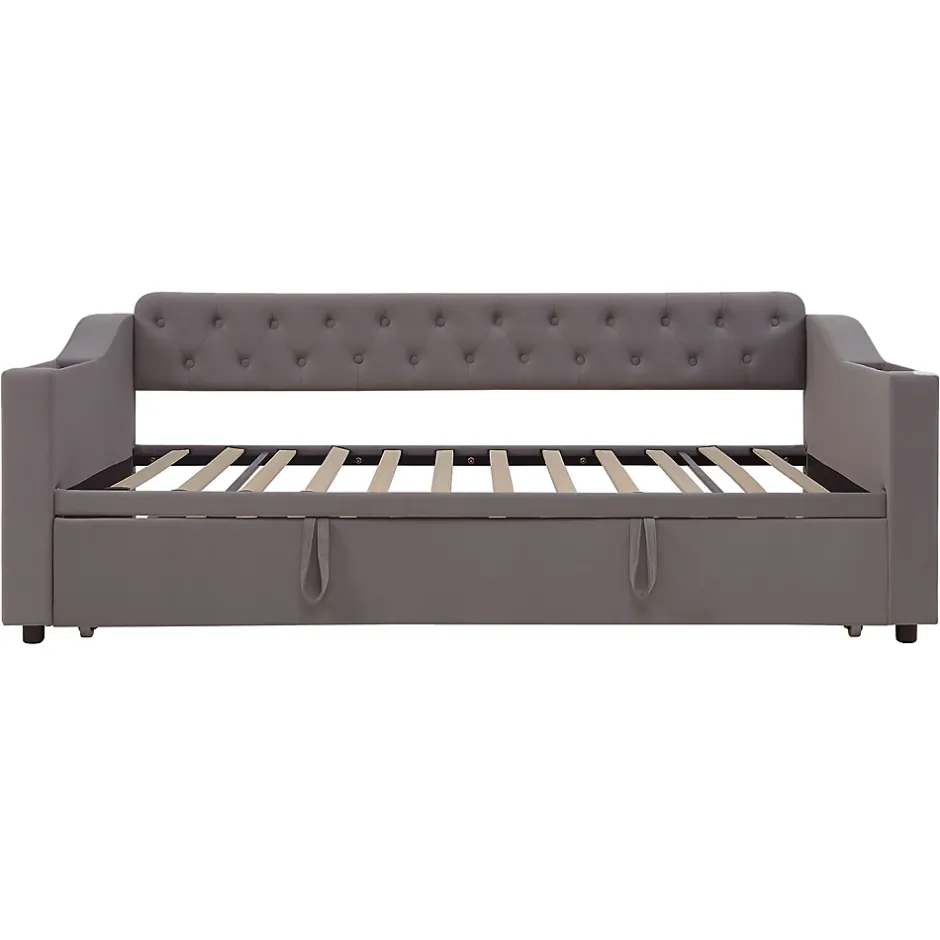 Redom Lit 90x190 cm convertible en 180x190 cm avec rangements intégrés, accoudoirs coffre et revêtement velours gris Discount