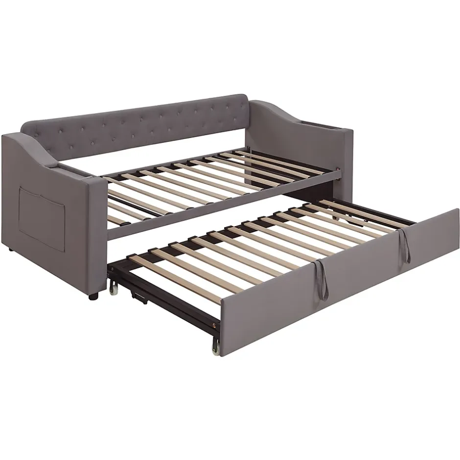 Redom Lit 90x190 cm convertible en 180x190 cm avec rangements intégrés, accoudoirs coffre et revêtement velours gris Discount