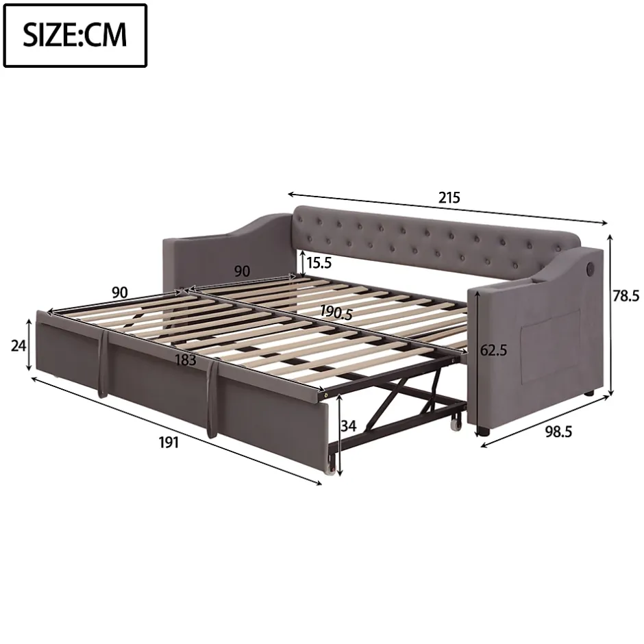 Redom Lit 90x190 cm convertible en 180x190 cm avec rangements intégrés, accoudoirs coffre et revêtement velours gris Discount