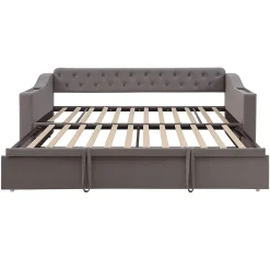 Redom Lit 90x190 cm convertible en 180x190 cm avec rangements intégrés, accoudoirs coffre et revêtement velours gris Discount