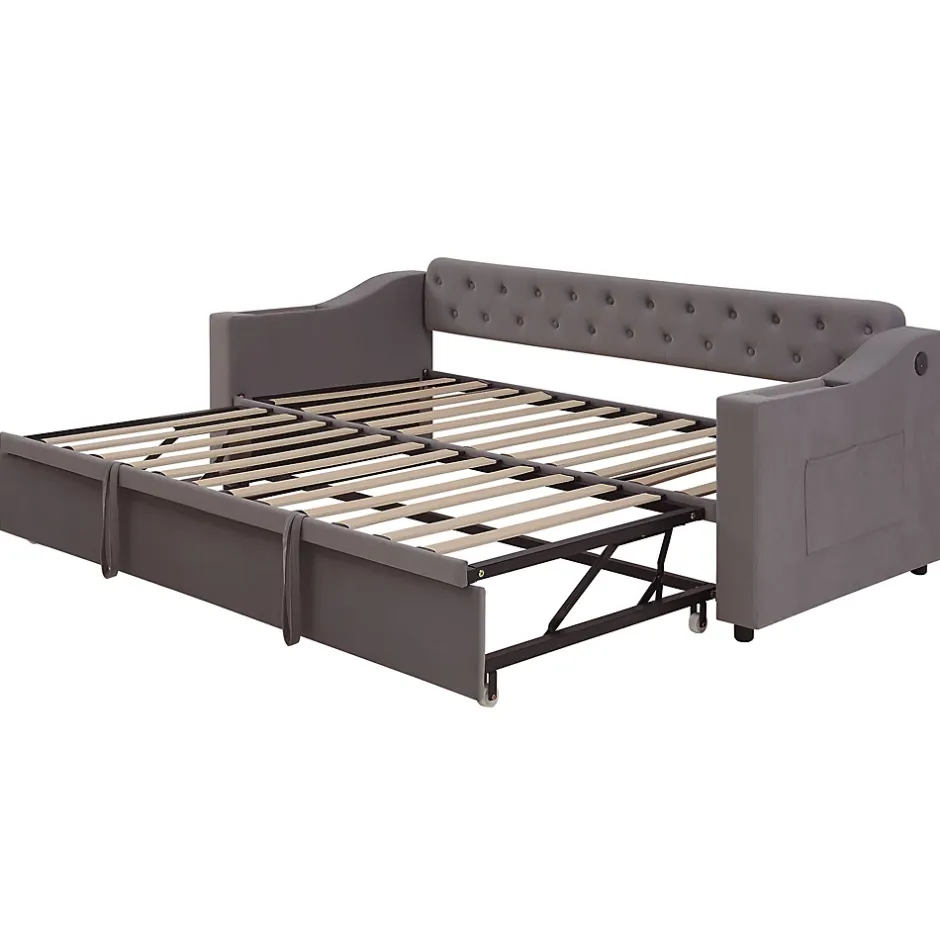 Redom Lit 90x190 cm convertible en 180x190 cm avec rangements intégrés, accoudoirs coffre et revêtement velours gris Discount