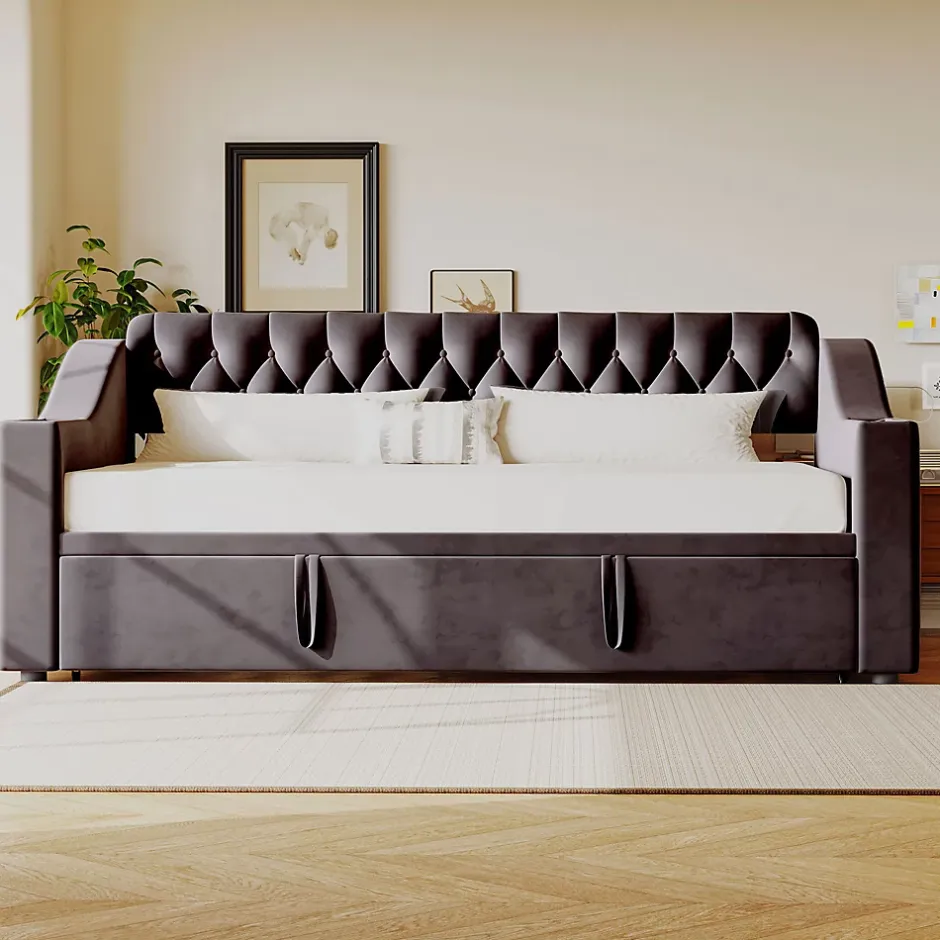Redom Lit 90x190 cm convertible en 180x190 cm avec rangements intégrés, accoudoirs coffre et revêtement velours gris Discount