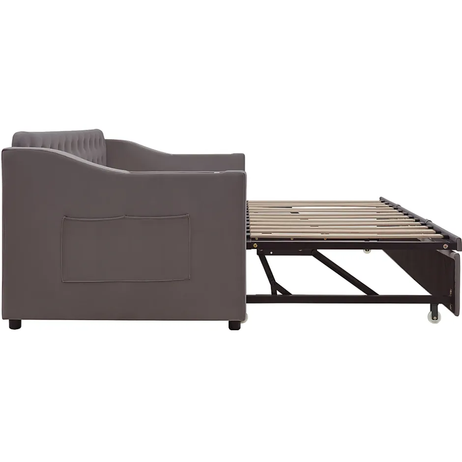 Redom Lit 90x190 cm convertible en 180x190 cm avec rangements intégrés, accoudoirs coffre et revêtement velours gris Discount