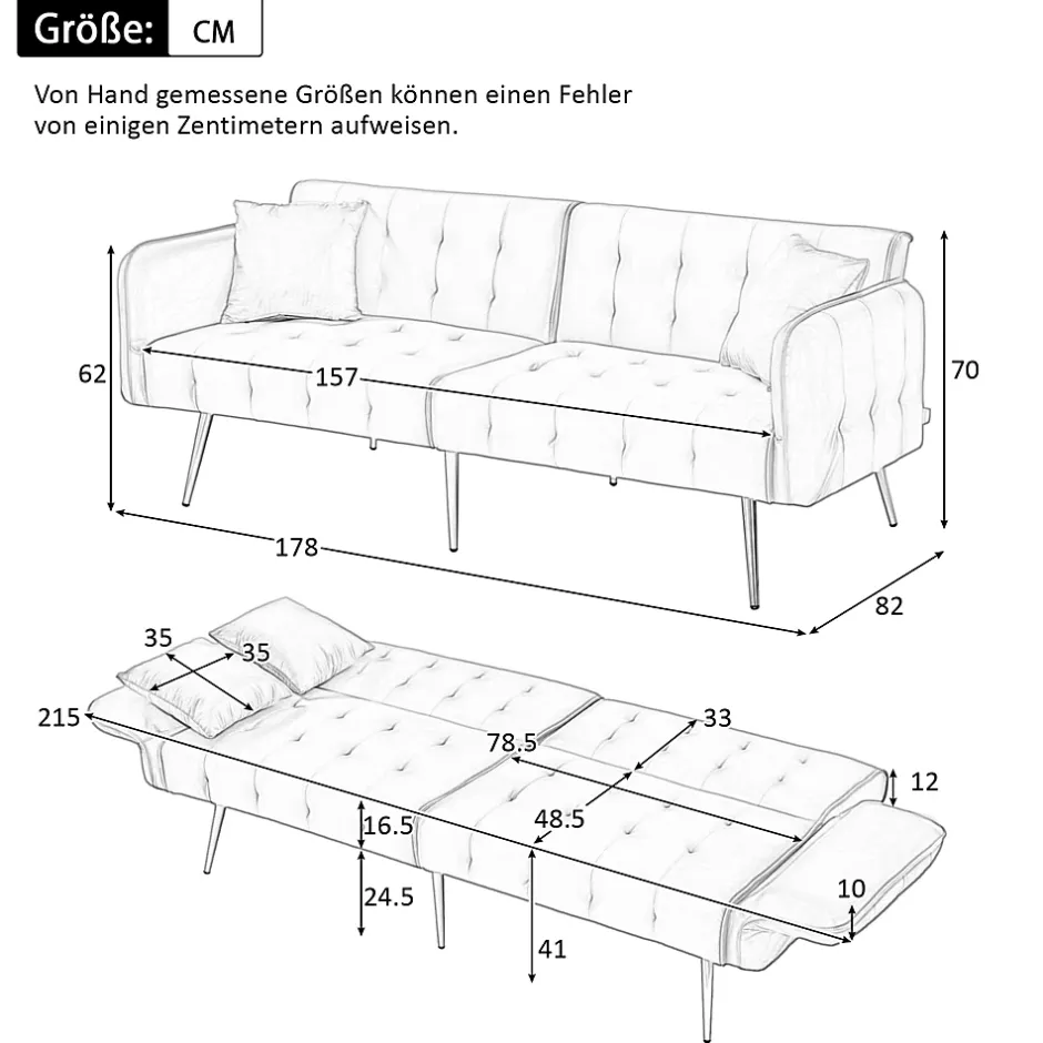 Redom Lit 215x81,5 cm convertible velours, dossiers et accoudoirs multipositions, pieds métal doré, style moderne Online