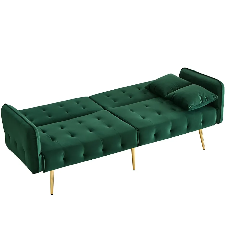 Redom Lit 215x81,5 cm convertible velours, dossiers et accoudoirs multipositions, pieds métal doré, style moderne Online