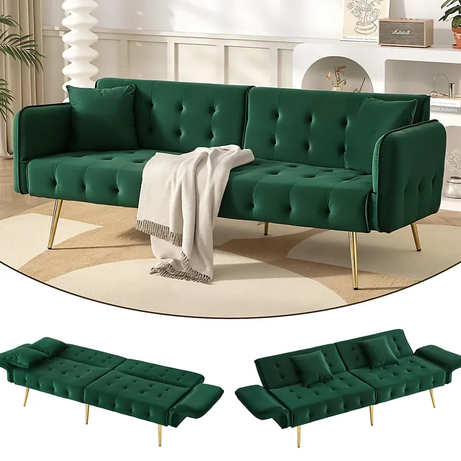 Redom Lit 215x81,5 cm convertible velours, dossiers et accoudoirs multipositions, pieds métal doré, style moderne Online